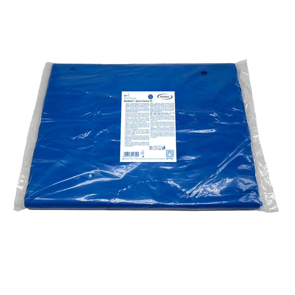 MaiMed-Apron Heavy PE, Schürze aus PE 75x125cm blau, 50 St./Pack, geblockt, glatte Oberfläche  | Packung (50 Stück)
