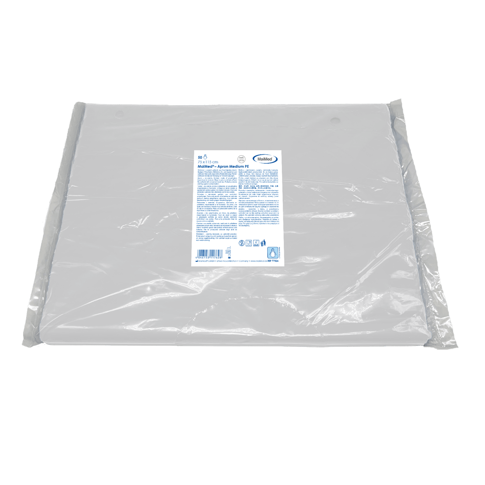 MaiMed-Apron Medium PE, Schürze aus PE 75x115cm weiß, 50 St./Pack, geblockt, glatte Oberfläche  | Packung (50 Stück)