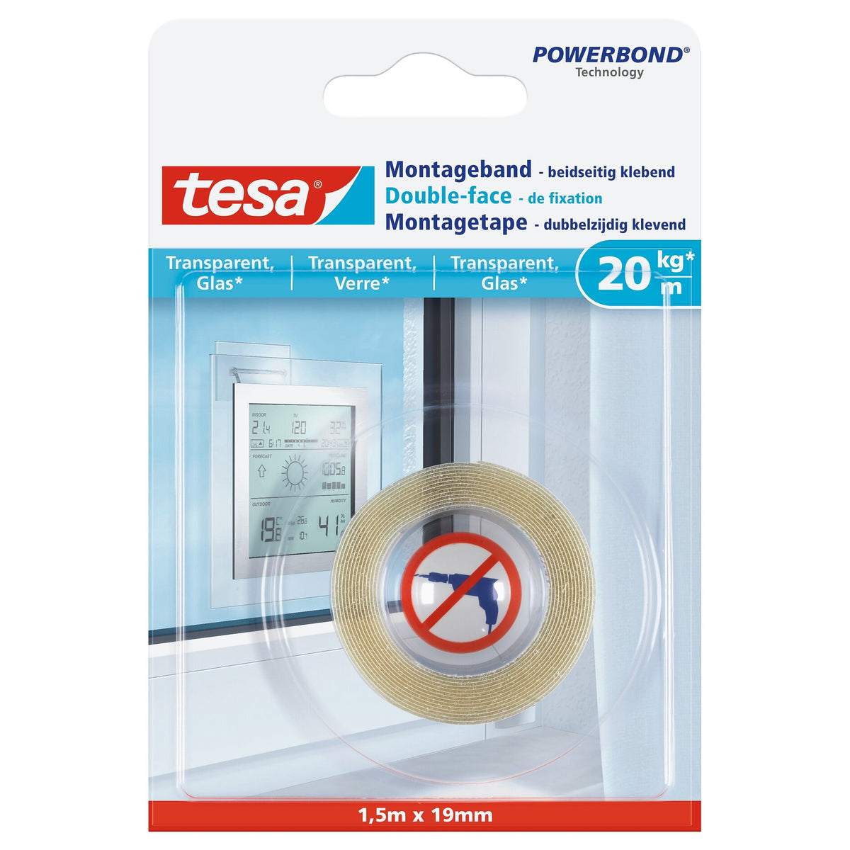 tesa Mounting Tape for Transparent Surfaces and Glass, up to 20 kg/m, 1.5 m x 19 mm