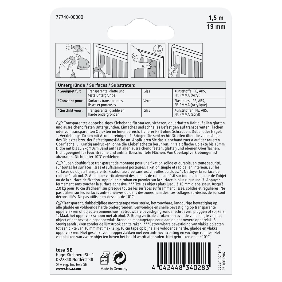 tesa Mounting Tape for Transparent Surfaces and Glass, up to 20 kg/m, 1.5 m x 19 mm