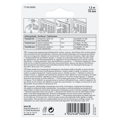 tesa Mounting Tape for Transparent Surfaces and Glass, up to 20 kg/m, 1.5 m x 19 mm