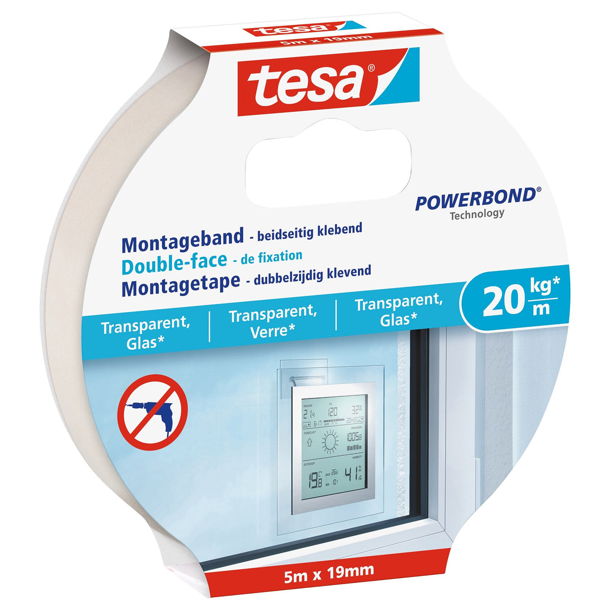 tesa Mounting Tape for Transparent Surfaces and Glass, up to 20 kg/m, 5 m x 19 mm