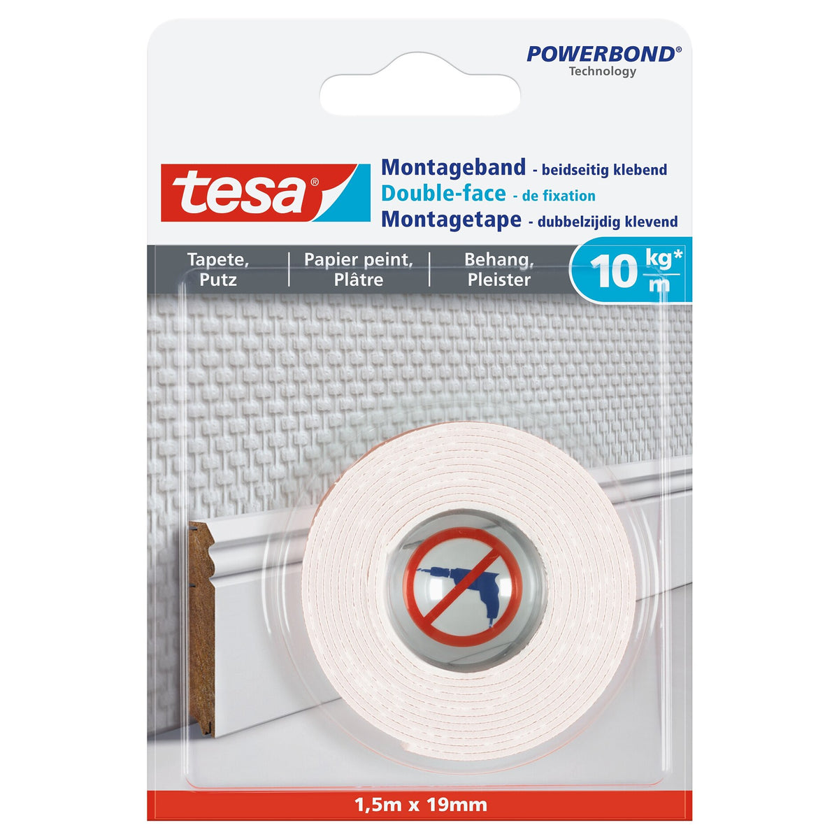 tesa Powerbond Mounting Tape for Wallpaper and Plaster, White, up to 10 kg/m, 1.5 m x 19 mm