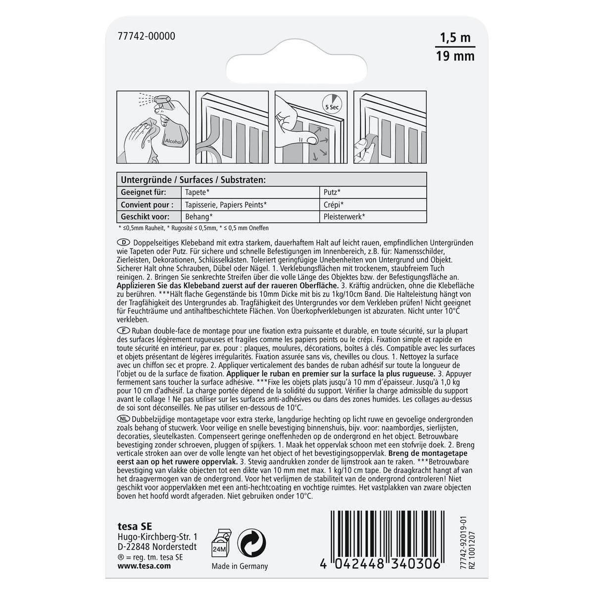 tesa Powerbond Mounting Tape for Wallpaper and Plaster, White, up to 10 kg/m, 1.5 m x 19 mm