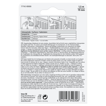 tesa Powerbond Mounting Tape for Wallpaper and Plaster, White, up to 10 kg/m, 1.5 m x 19 mm