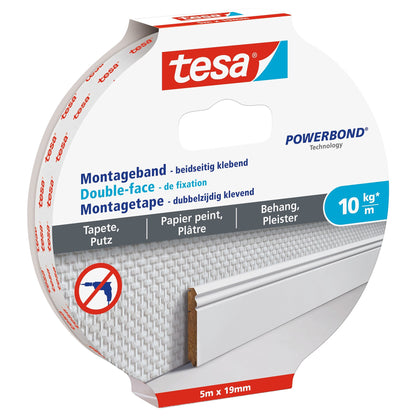 tesa Powerbond Mounting Tape for Wallpaper and Plaster, White, up to 10 kg/m, 5 m x 19 mm