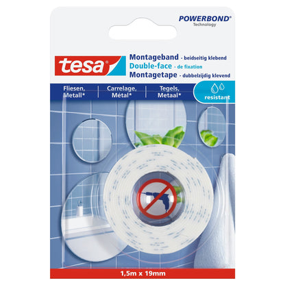 tesa Mounting Tape for Tiles and Metal, White, 1.5 m x 19 mm