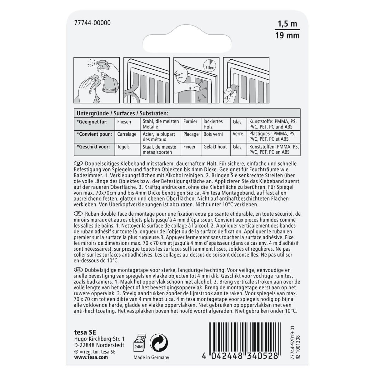 tesa Mounting Tape for Tiles and Metal, White, 1.5 m x 19 mm