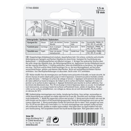 tesa Mounting Tape for Tiles and Metal, White, 1.5 m x 19 mm