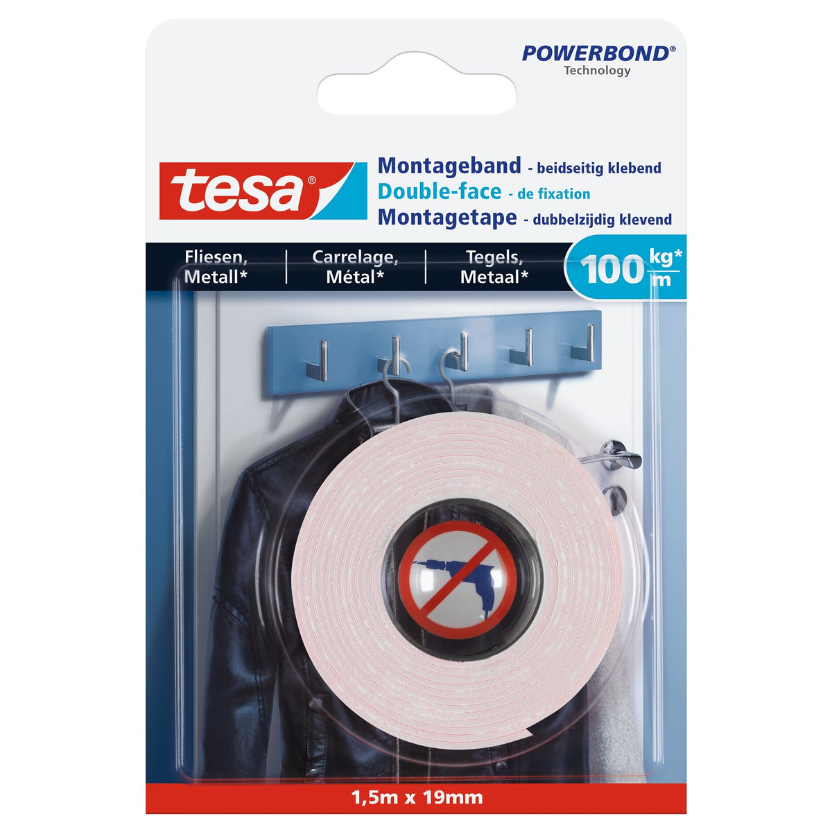 tesa Ultra-Strong Mounting Tape for Tiles and Metal, White, Up to 100 kg/m, 1.5 m x 19 mm