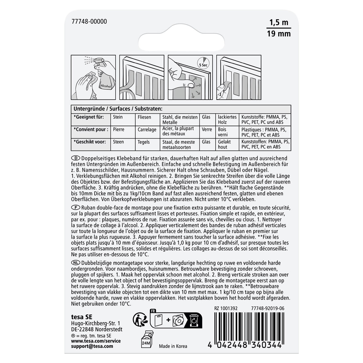 tesa Mounting Tape for Masonry and Stone, Gray, up to 10 kg/m, 1.5 m x 19 mm