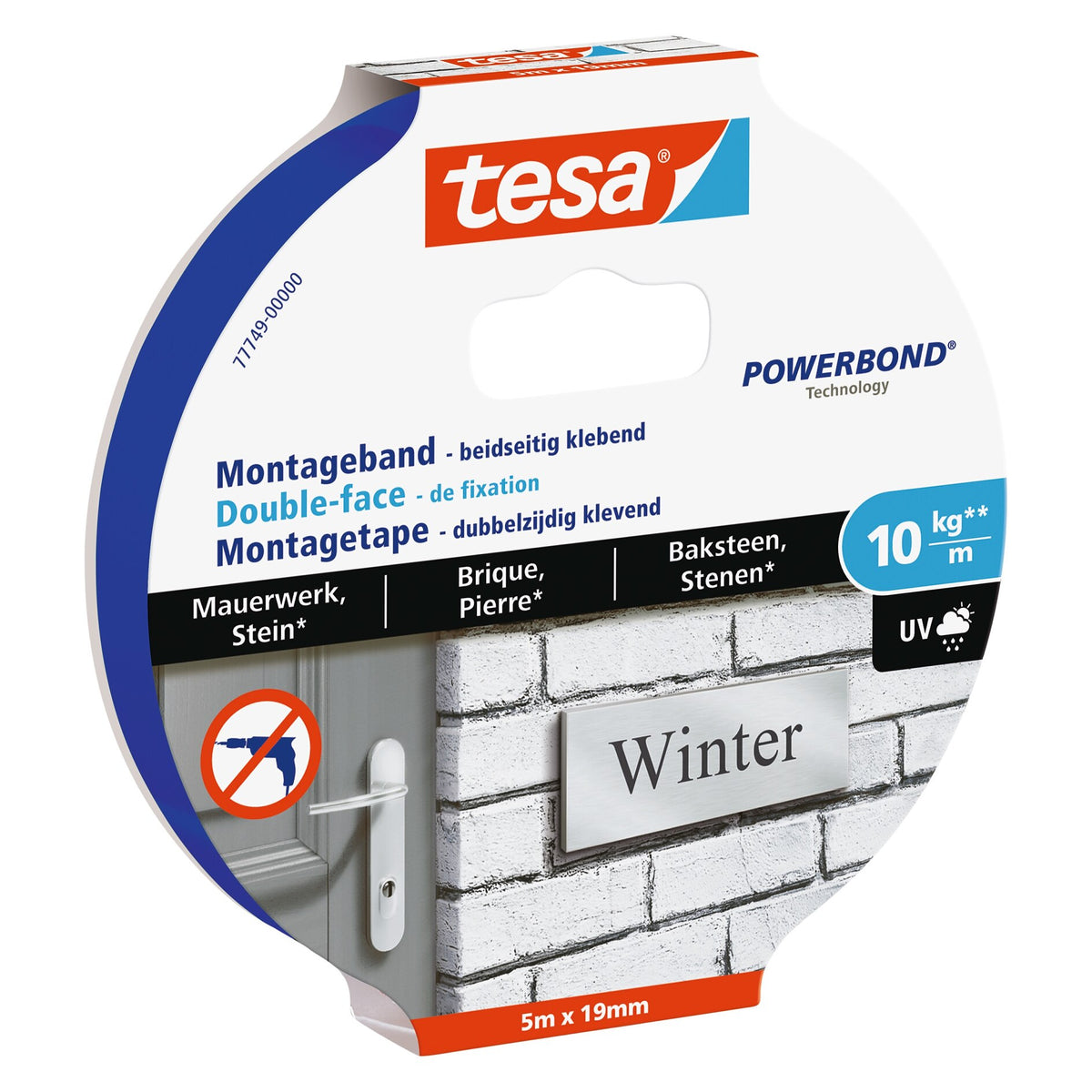 tesa Mounting Tape for Masonry and Stone, Gray, up to 10 kg/m, 5 m x 19 mm