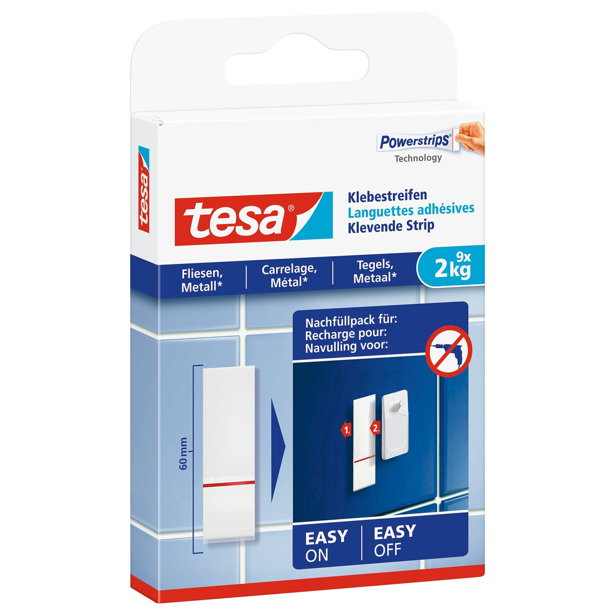 tesa Adhesive Tape for Tiles and Metal, White, up to 2 kg