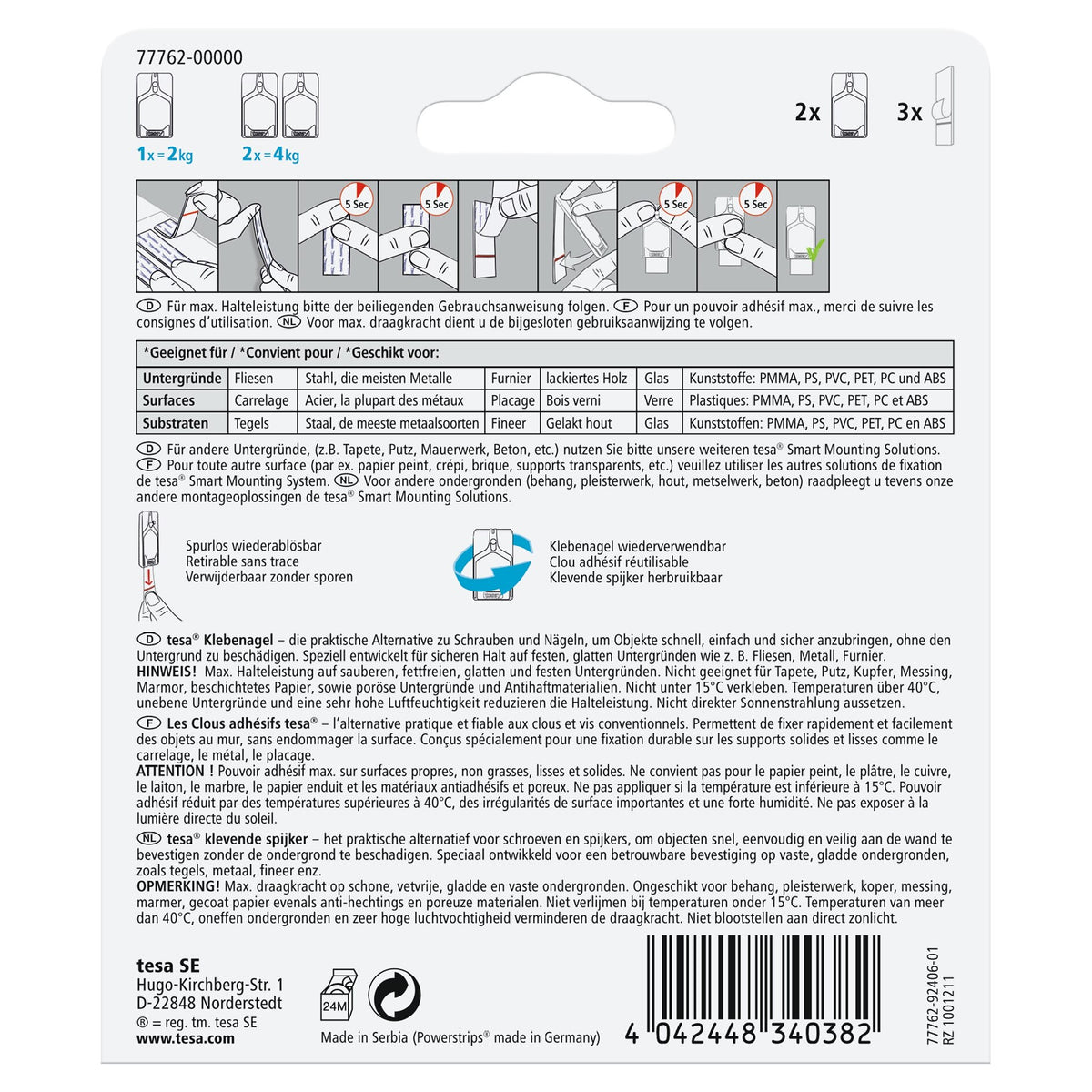 tesa Adhesive Nail for Tiles and Metal, White, up to 2 kg