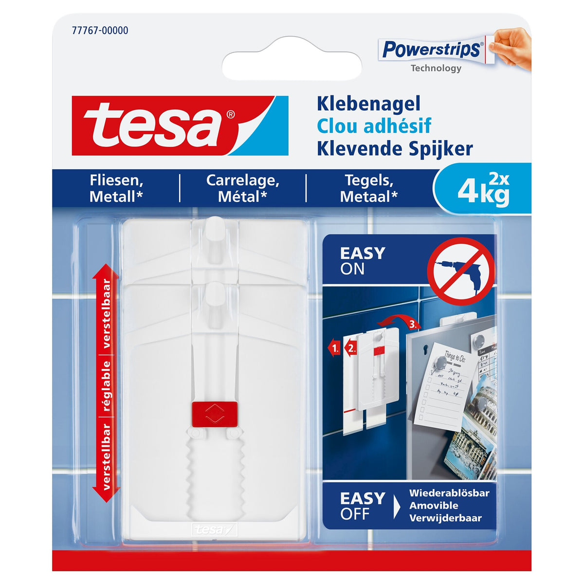 tesa Adjustable Adhesive Nail for Tiles and Metal, White, up to 4 kg