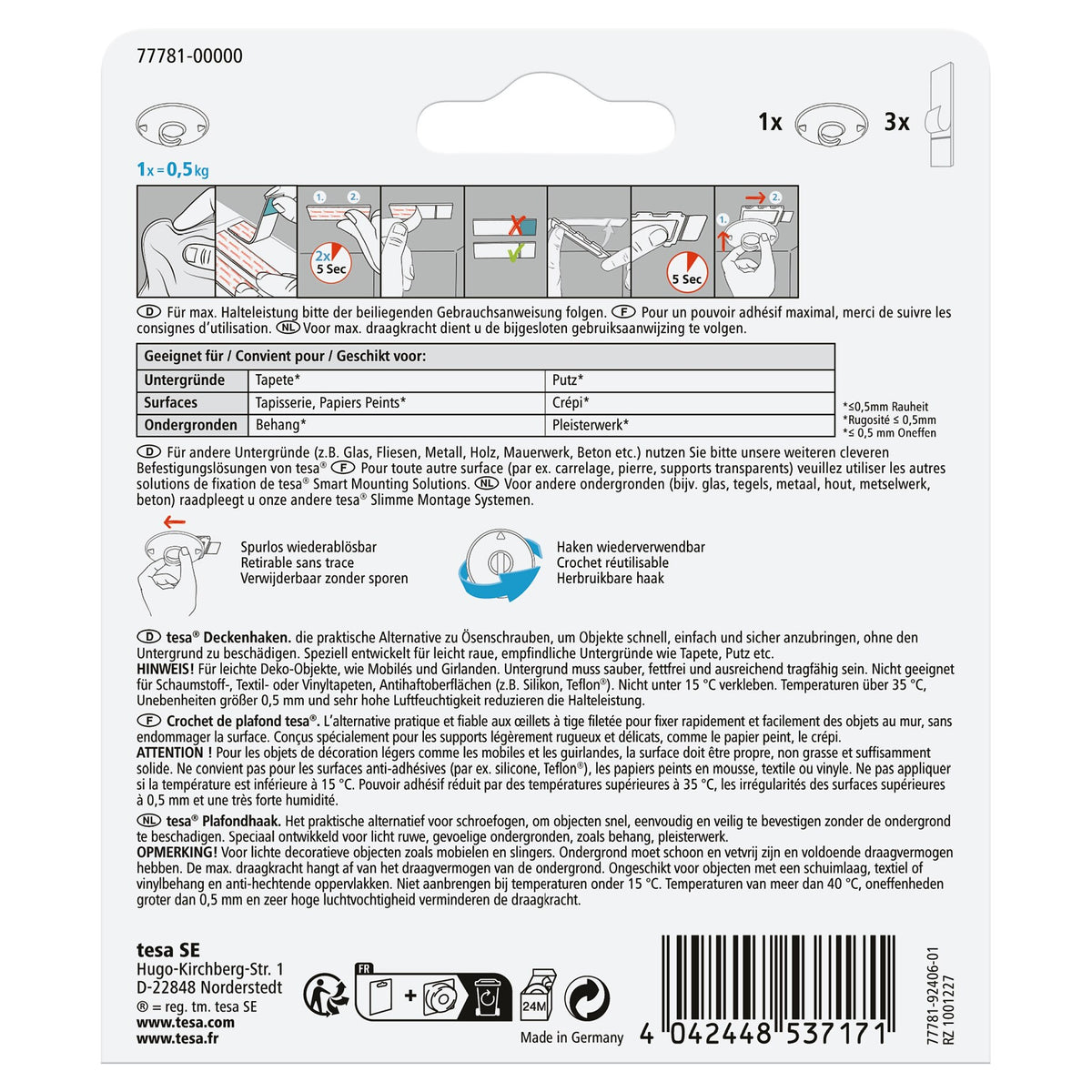 tesa Ceiling Hook for Wallpaper & Plaster, White, up to 0.5 kg