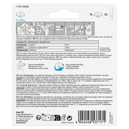 tesa Ceiling Hook for Wallpaper & Plaster, White, up to 0.5 kg