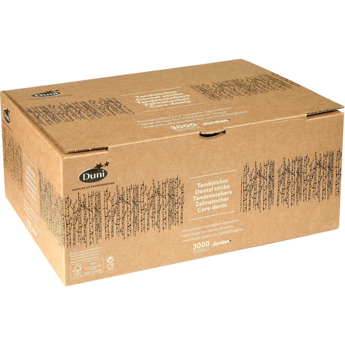 A large brown box labeled "Duni GmbH" contains 3,000 neutral wooden toothpicks 50, with product information in multiple languages and a black tree pattern on the sides.