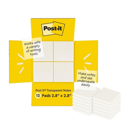 Eine geöffnete gelbe Schachtel mit der Aufschrift "Post-it® Transparent Notes" von 3M Deutschland GmbH zeigt transparente Notizen im Inneren. Der Text hebt hervor: "Funktioniert mit einer Vielzahl von Schreibgeräten" und "Machen Sie Notizen und sehen Sie einfach darunter." 12 Blöcke, 73 mm x 73 mm, 36 Blatt/Block.