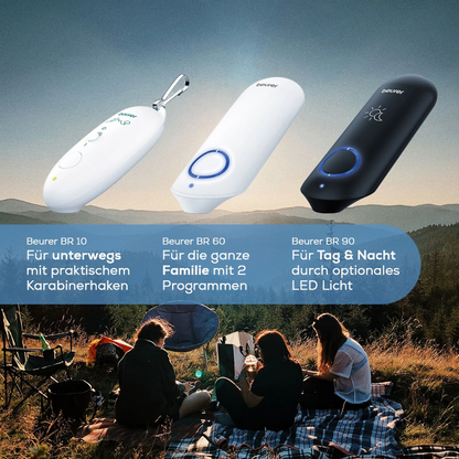 The Beurer GmbH BR 60 insect bite healer is shown above a camping scene with carabiner, two programs, and optional LED light - ideal for treating insect bites outdoors.