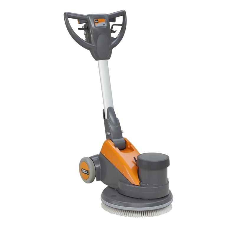 Die TASKI ergodisc 200 von Diversey Deutschland GmbH & Co. OHG, eine kostengünstige Scheuersaugmaschine mit niedriger Drehzahl (200 U/min) für alle Standard-Reinigungsaufgaben, ist in den Farben Grau und Orange mit Bedienelementen und Rädern auf weißem Hintergrund abgebildet.