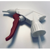 Eine Nahaufnahme des Dr. Schnell Sprühkopf ROT/WEISS mit Schaumdüse (1 Stück) von DR.SCHNELL GmbH & Co. KGaA - ein Zubehör für Handsprüher mit stufenloser Drehregelung, auf hellem Untergrund liegend.