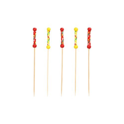 Five PAPSTAR 250 finger food picks from PAPSTAR A wooden GmbH sign, biodegradable, with colorful beads and decorations in red, yellow, and multicolored accents, arranged vertically against a white background.