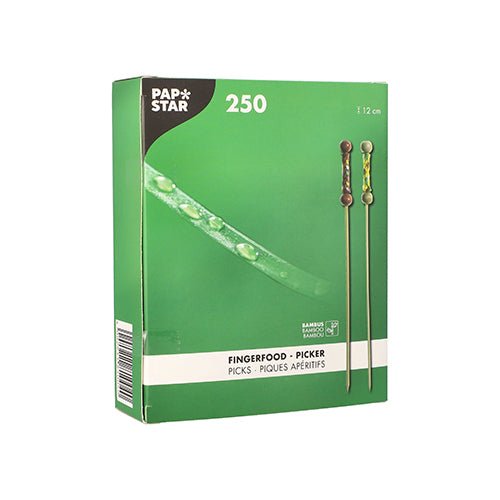 A green box labeled “PAPSTAR 250 "Finger Food Pickers" from the PAPSTAR The GmbH package contains 12-cm-long eco-friendly bamboo skewers, comes with two illustrated skewers, and features multilingual product information on the front.