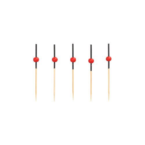 Five PAPSTAR 250 Finger Food - Pickers of the PAPSTAR GmbH, made of wood with black tubes and red beads, arranged vertically in a row against a white background.