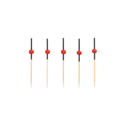 Five PAPSTAR 250 Finger Food - Pickers of the PAPSTAR GmbH, made of wood with black tubes and red beads, arranged vertically in a row against a white background.