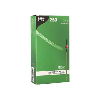 In a green box labeled “PAPSTAR 250 “finger food picks” from the PAPSTAR GmbH offers eco-friendly, biodegradable bamboo skewers with a red bead featuring a bamboo motif that highlights the bamboo material.