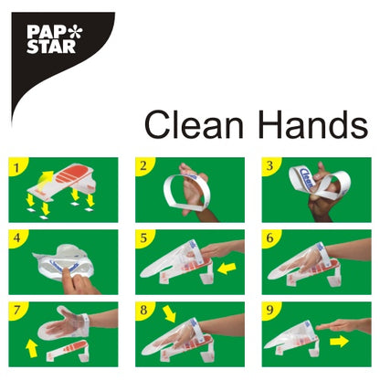 A visual guide with the PAPSTAR Clean Hands Base Kit, stainless steel (11.5x12.7x22 cm), by PAPSTAR GmbH shows in nine numbered panels with hand insertion and securing steps on a green background how to put on a plastic glove for hygiene.