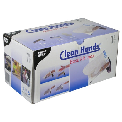 The PAPSTAR Clean Hands Base Kit, stainless steel (11.5x12.7x22 cm, silver) by PAPSTAR GmbH comes in a white folding box with blue and purple accents and shows illustrations of hand protection for hygienic application.