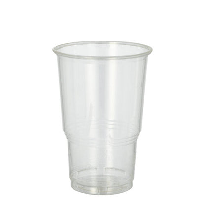 A PAPSTAR 25 cold drink cup, PLA "pure" crystal clear with foam rim from PAPSTAR GmbH stands empty and upright in front of a white background.