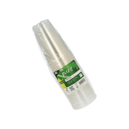 A pack of 25 PAPSTAR cold drink cups "pure" made of biodegradable PLA, crystal clear with foam rim, in transparent packaging with green brand label from PAPSTAR GmbH.