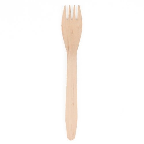 Ein einzelnes PAPSTAR Holz-Gabel "pure" (16,5 cm, umweltfreundlich und stabil) von PAPSTAR GmbH mit vier Zinken ist vor weißem Hintergrund zu sehen.