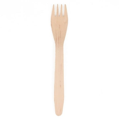 Ein einzelnes PAPSTAR Holz-Gabel "pure" (16,5 cm, umweltfreundlich und stabil) von PAPSTAR GmbH mit vier Zinken ist vor weißem Hintergrund zu sehen.
