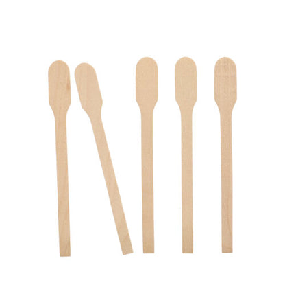 Five PAPSTAR stirring sticks wood "pure", 13 cm, environmentally friendly and stable, are arranged upright side by side against a white background. The sticks show rounded ends and flat edges.