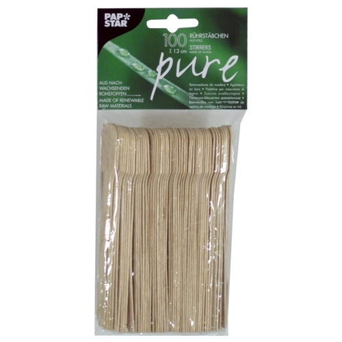 Eine Packung mit 100 PAPSTAR Rührstäbchen Holz "pure" (13 cm), umweltfreundlich und stabil, im Beutel von PAPSTAR GmbH - gestapelt und in transparenter Folie mit grün-schwarzem Label verpackt.