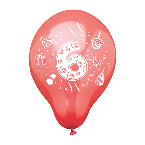 Ein farbenfroher Zahlenluftballons Ø 25 cm der PAPSTAR GmbH mit der kräftigen weißen Zahl Sechs und festlichen Motiven – Geschenk, Cupcake, Partyhut und Konfetti. Perfekt für Geburtstage und farbig sortiert für jede Feier!.