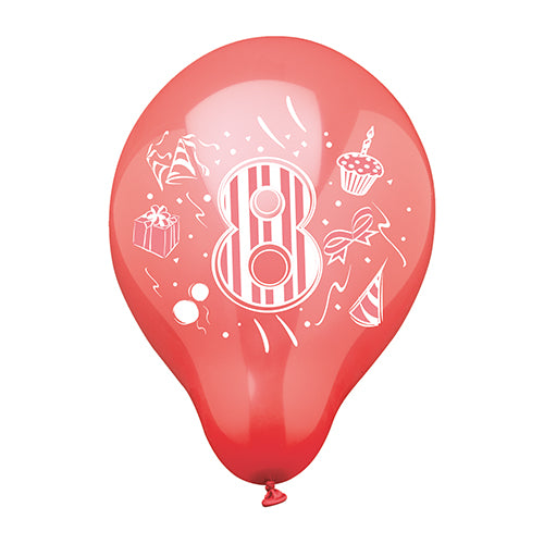 Ein Zahlenluftballons-Ballon (Ø 25 cm, farbig sortiert) der PAPSTAR GmbH mit einer großen weißen Zahl 8 sowie weißen Geschenk-Motiven, Partyhut, Cupcake und Konfetti – perfekt für festliche Anlässe.