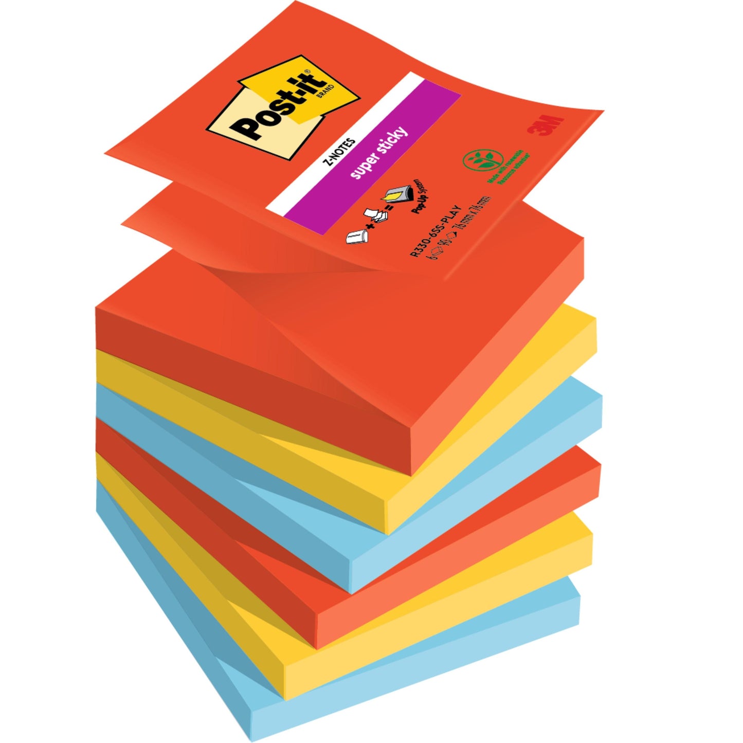 Ein Stapel 3M Post-it® Super Sticky Z-Notes, Boost Collection (76x76mm, 90 Blatt/Block, PEFC-zertifiziert), zeigt die oberste Notiz mit Produktinformation. Die Farben sind rot, gelb und blau.