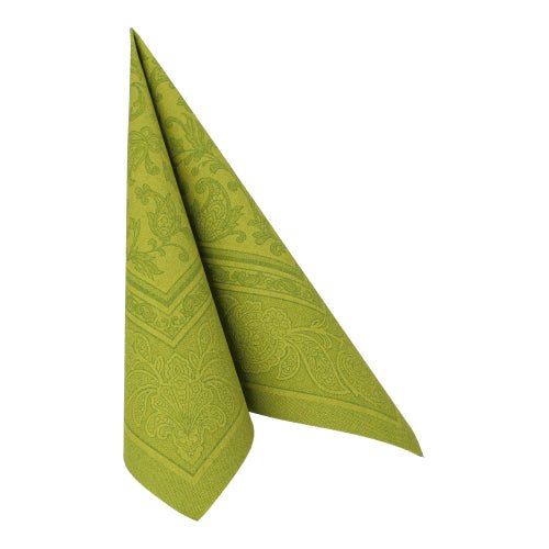 A folded green PAPSTAR 20 napkins "ROYAL Collection" 1/4-fold (40x40 cm) with a subtle paisley pattern from PAPSTAR GmbH, ideal for stylish table decoration, upright on a white background.