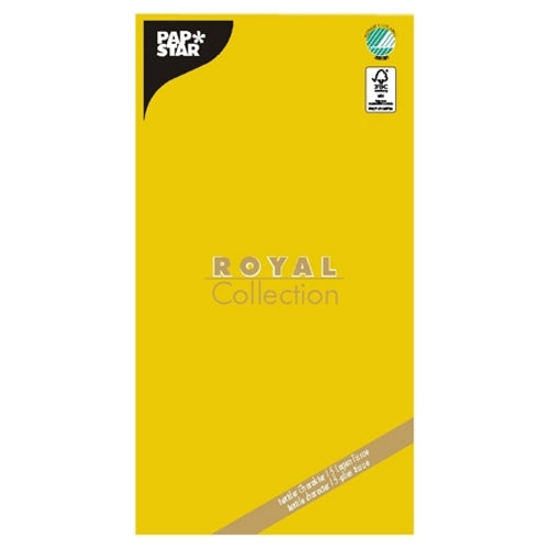 Eine gelbe, rechteckige Verpackung der PAPSTAR GmbH mit der Aufschrift „ROYAL Collection“ enthält Zertifizierungslogos und Produktdetails – ideal zur Präsentation der hochwertigen Tischdecke, Tissue „ROYAL Collection“ 120 cm x 180 cm.