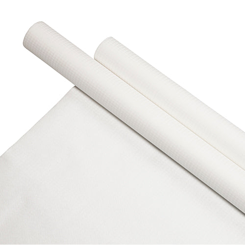 A roll of PAPSTAR tablecloth, paper, 8 m x 118 cm, white (PAPSTAR GmbH), is presented on a matching sheet of white paper tablecloth with a smooth, finely textured surface against a white background.
