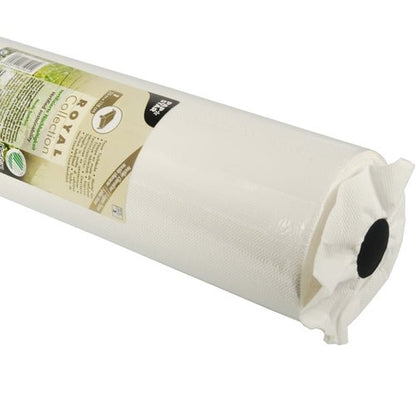 A close-up of a white textured roll PAPSTAR Tablecloth, Tissue “ROYAL Collection” by PAPSTAR GmbH, with a partially visible product label wrapped around one end.