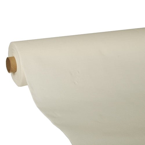 A large, cream-colored tablecloth from the “ROYAL Collection” by PAPSTAR The GmbH, partially unrolled to showcase its smooth texture and high-quality tissue, is wrapped around a brown cardboard tube.
