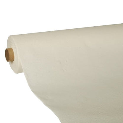 A large, cream-colored tablecloth from the “ROYAL Collection” by PAPSTAR The GmbH, partially unrolled to showcase its smooth texture and high-quality tissue, is wrapped around a brown cardboard tube.
