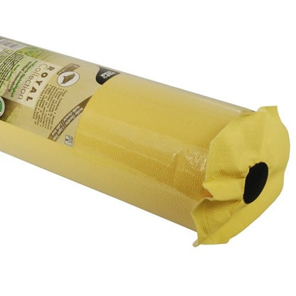 A close-up of a yellow PAPSTAR-Tablecloth, "ROYAL Collection" tissue by PAPSTAR GmbH, wrapped in plastic, with the label visible and part of the black hollow core exposed at one end.
