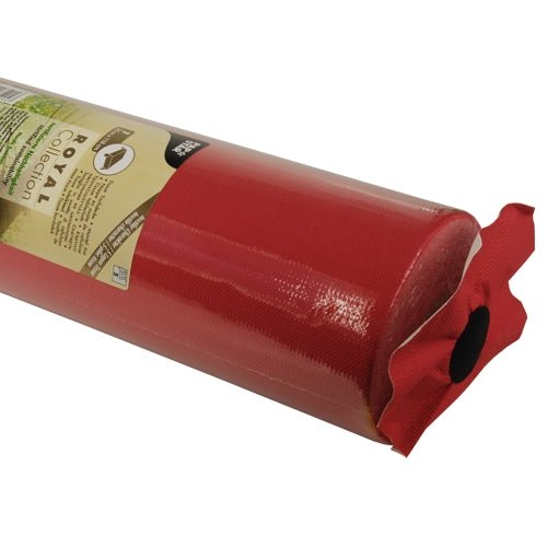A close-up of a rolled-up tablecloth from the PAPSTAR GmbH, Tissue “ROYAL Collection,” displays the attached label and highlights the textured, glossy surface of this premium tablecloth from PAPSTAR stands out.